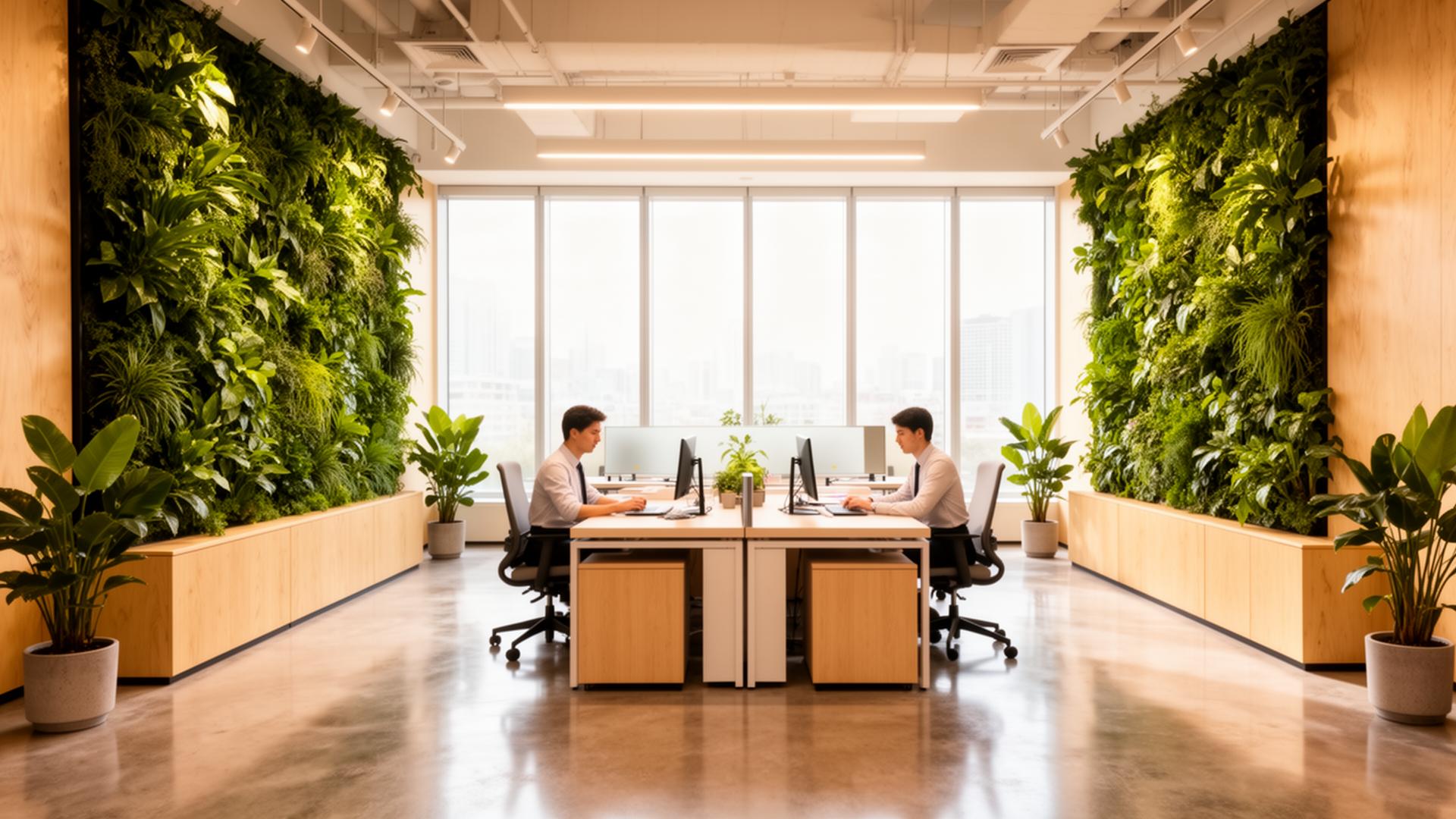 Modern healthy workplace interior with biophilic living green walls, natural daylight and timber finishes